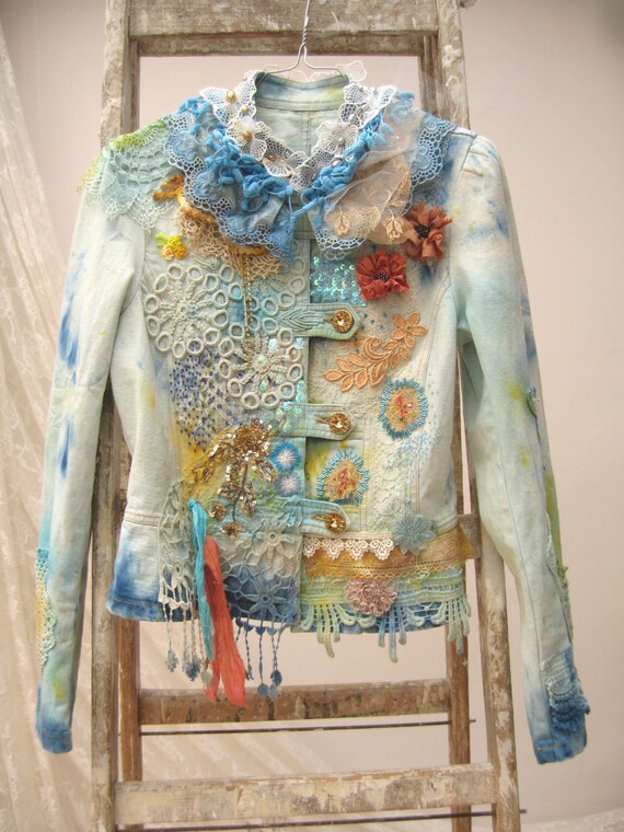 Upcycled Jeans Jacket Wearable Art Hand Embroidered Art to