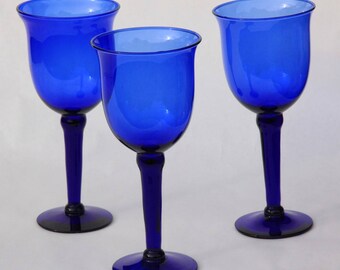 3 Cobalt Blue Wine Glasses-Tall, Cobalt Blue Glass Goblets-Tall, Set of 3 Cobalt Blue Wine Glasses, Tall Blue Goblets, Cobalt Blue Glassware
