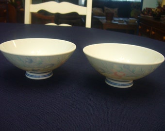 Japanese Rice Bowls, Blue, Pink and White Porcelain Bowls.