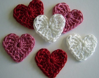 Crocheted Hearts - Red, Pink and White - Cotton Hearts - Crocheted Heart Embellishments - Crocheted Heart Appliques - Set of 6