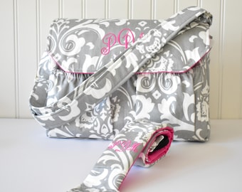 Personalized Damask DSLR Camera Bag and Strap in Gray and Hot Pink Monogrammed Bag for Canon Sony Nikon
