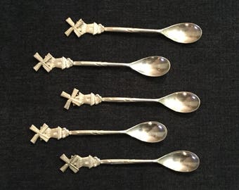 Vintage Set of Five Silver Plate Demitasse Spoons With Windmills