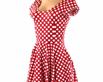 Red & White Pinup Polka Dot Scoop Neck Cap Sleeve Fit and Flare Skater Skater Minnie Dress Made to Order 151419