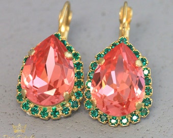 Peach Earrings, Coral Mint Earrings, Persimmon earrings, Swarovski Crystal Coral Earrings, Swarovski Drop Earrings,Peach Bridal Earrings