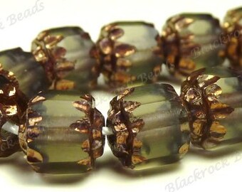 8mm Gray and Gold Matte Cathedral Czech Glass Beads - 8 Inch Strand (25pcs) - Faceted, Fire Polished, Translucent, Grey, Barrel - BD5