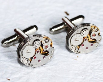 Steampunk Cufflinks - Russian PINSTRIPE Silver Vintage Watch Movement Men Steampunk Cufflinks Cuff Links Wedding Gift Men Wedding Gift