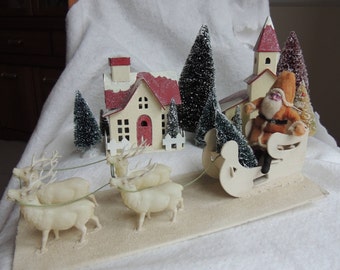 Vintage Clay Face Santa With Sleigh and Reindeer - Celluloid Reindeer - Christmas Decoration