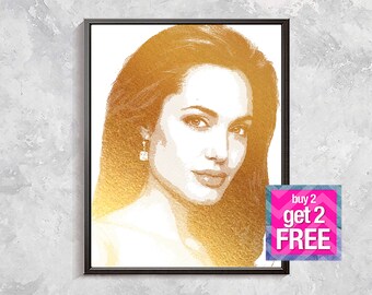 Angelina Jolie Print, Angelina Jolie Gold Print, celebrities portrait, celebrities print, Angelina Jolie portrait, celebrities wall decor