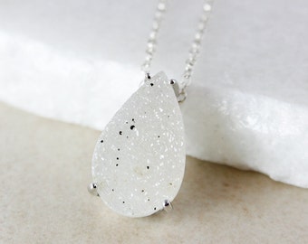 50% OFF SALE - White Teardrop Druzy Necklace - Choose Your Druzy Pendant - 925 Sterling Silver