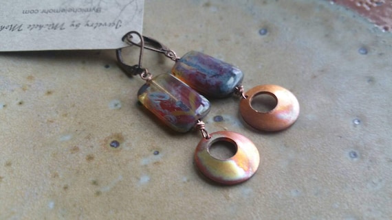 Flame painted copper and Czech glass lever back earrings