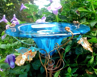 HOSTESS GARDEN GIFT, Butterfly Feeder, stained glass, Teal Blue, copper, garden stake, Garden Art, Bird Feeder