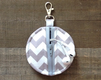 Gray and White Chevron Circle Zip Earbud Pouch / Coin Purse