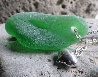 Large Lime Emerald Green Sea Glass Sterling Silver Puffed Heart Pendant Necklace (780)