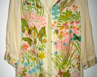 Vintage signed Serbin of Florida screen printed shirt dress flowers and bugs 50s 60s era