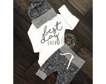 Baby boy coming home outfit -distressed navy and gray theme - going home set best day ever, baby shower gift, coming home outfit new baby