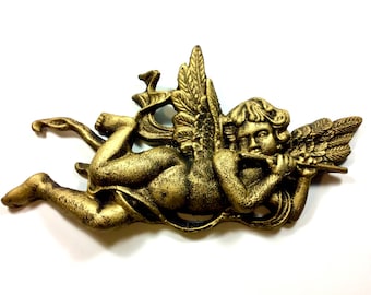 Cast Iron Flying Cherub Playing a Flute, Antique Bronze tone Heavy Duty