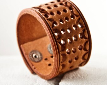 Tooled Leather Bracelet Brown Leather Jewelry