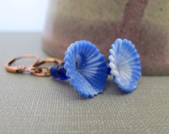 Blue Earrings, Copper Earrings, Blue Flowers, Blue Swirled Glass, Oxidized Copper, Glass Jewelry, Copper Jewelry, Vintage Glass,