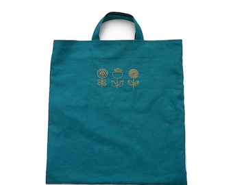 Hand Stitched Flowers Tote Bag (Teal)