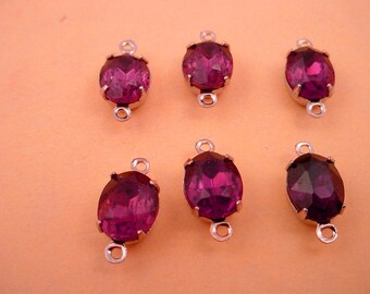 4 Vintage Amethyst purple Oval Glass Charms 10x8 2 ring closed back silver tone connectors