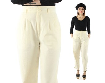 Vintage 80s High Waisted Trousers Pleated Pants Tapered Buckle Legs 1980s Buttercream Ivory Cotton Medium M