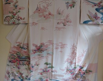 SHOWA KIMONO HOMONGI Antique Japanese Silk Kimono Flowers Bamboo Stream Metallic HiLites Cream Silk Handpainted Wearable Art Kimono 1930's