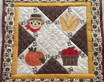Country Fall Wall Hanging Quilt, Harvest Gold Quilted Autumn Wall Hanging, Machine Embroidered Holiday Art Quilt, Quiltsy Handmade