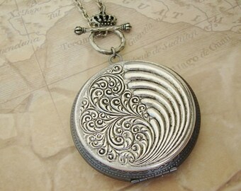 Large Dark Silver Locket Necklace Birthday Gift Wedding Jewelry Bride Bridesmaid Wife Mother Anniversary Daughter Photo Pictures- Halle