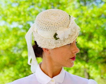 Vintage Floral Lace Bonnet Hat, Vintage Hat, 1950s Hat, Floral Millinery, Vintage Bonnet, 1950s Millinery, Bonnet Hat, Floral Hat