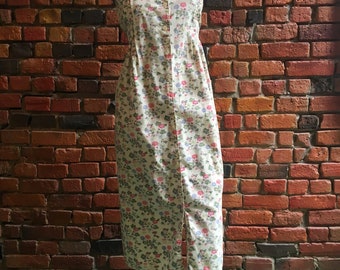 90s White Dress with Foral Print, Pleated Neckline Top, Collar, Waist Tie 1972
