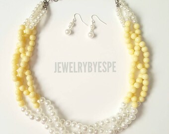 Yellow Statement Necklace, Pearl Necklace, Chunky Bib Necklace, Yellow Wedding Jewelry, Ivory cream Multi Strand Necklace Gifts for her
