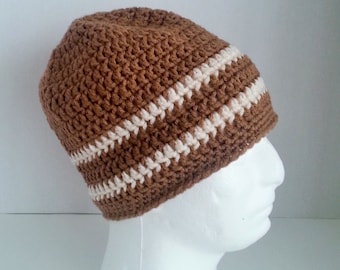 Mens Crochet Beanie, Men's Crochet Hat Two-Toned Camel Brown and Off White, Mens Crochet Winter Hat, Mens Crochet Slouch Beanie
