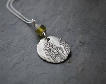 Plant Necklace, Catclaw Sensitive Briar, Sterling Silver, Green Tourmaline Gemstone, Botanical Necklace, Prairie Plant, Leaf Necklace,