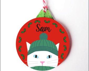 Personalised Cat Christmas Decoration- White Cat Christmas Tree Ornament- 6 colours