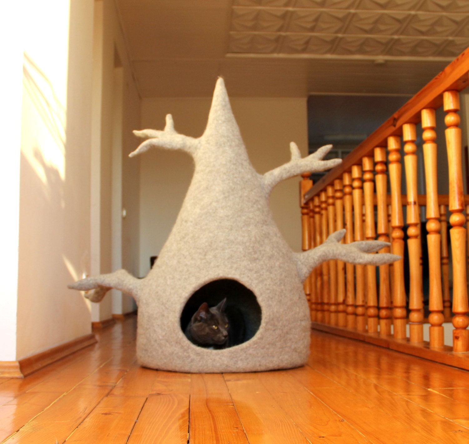 Cat house cat tree cat bed wool cat cave light grey