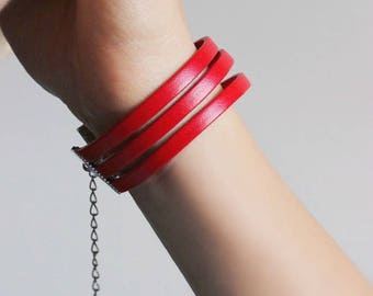 Woman Leather Bracelet Leather Red Bracelet Flat Leather Bracelet Red Leather Jewelry Triple Row Bracelet Stylish Leather Cuff Bracelet Red