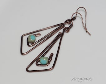 Earrings triangle with blue glass beads