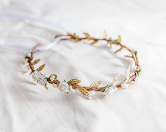 white gold flower hair wreath // bridal wedding flower crown headband / rustic forest spring woodland headpiece / bridesmaids flower crown