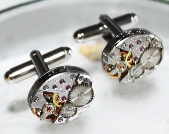 GIRARD PERREGAUX Steampunk Cufflinks - Rare Prestigious Swiss Vintage Matching Silver Watch Movement Men Steampunk Cufflinks Wedding Gift