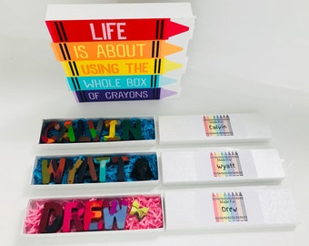 Child's NAME crayons in a gift box with personalized name tag - Personalized Gift for kids- Graduation GIFT- BIRTHDAY Gift - Fast Shipping*