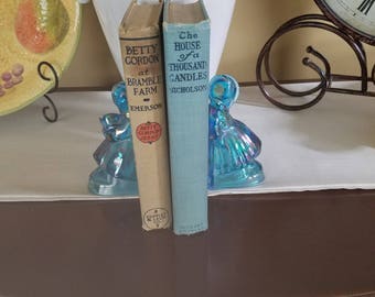 Turquoise iridescent glass bookends - French couple