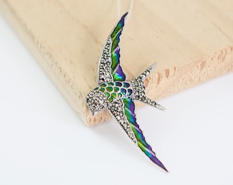 Hebe Swallow Necklace, Sterling Silver, Swallow Pendant, Swallow Jewelry, Marcasite, Enamel, Personalise Swallow, Initial