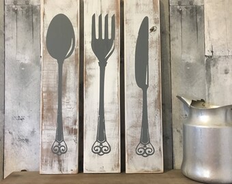 Farmhouse Kitchen Decor, Silverware Sign, Fork Knife Spoon, Wood, Kitchen Art, Rustic Kitchen, Rustic Wood Signs