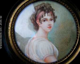 Antique Portrait Miniature Madame Recamier French Directoire Miniature Watercolor Miniature on Ivory Georgian Miniature Framed Paintings
