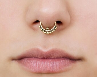 Tiny septum ring for pierced nose. 18g septum ring. Indian septum ring. brass septum jewelry. gold septum ring. tribal septum ring.