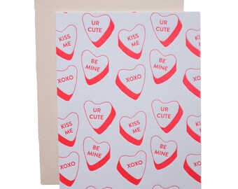 Letterpress Valentines Day Card | Candy Hearts Card, Letterpress Valentine Card, Letterpress Heart Card, Love Card, Be Mine Card, XOXO