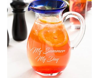 Pitcher with Cobalt Blue Rim - Personalized| Custom Engraved