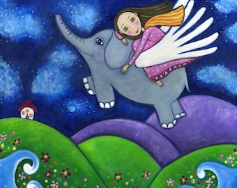 Flying Elephant print folk art painting Nursery Childrens girl wall decor Whimsical folk picture - 'Stargazers'