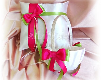 Wedding ring pillow and basket Hot Pink Fuchsia and Lime Green ring bearer pillow and flower girl basket set