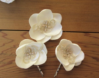 Fabric flower bobby pins, ivory and gold flower hair accessories, Bridal hair pins, wedding party hair accessory